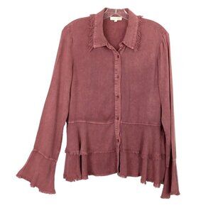MYSTREE Fringe Peplum Bell Sleeve Blouse Frayed Tiered Boho Button Down Size S